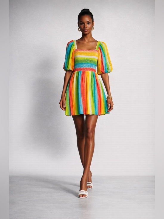 AMUR Dresses & Skirts - AMUR Campbell Rainbow Striped Smocked Mini Dress NWT Size 2 Puff Sleeve